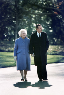 U.S. President George H.W. Bush and U.S. First Lady Barbara Bush taking a last walk around the