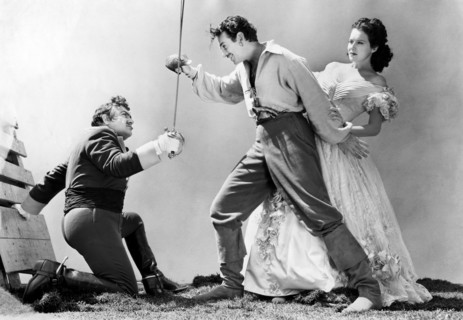 Akim Tamiroff, Douglas Fairbanks Jr., Ruth Warrick, on-set of the film, "The Corsican Brothers",