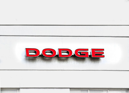 Dodge logo on car showroom building exterior, Manhattan, New York City