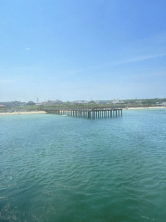 View of Oak Bluffs pier from ferry boat, Martha's Vineyard, Massachusetts, USA