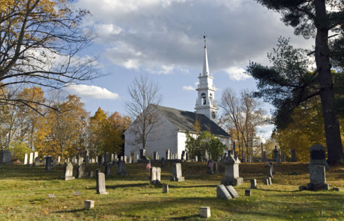 Church and grave yard on Autumn day