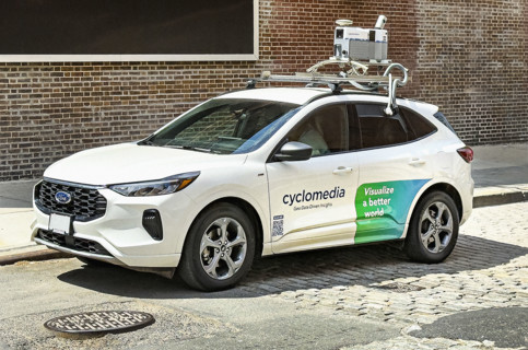 Cyclomedia car with camera equipment on roof used for capturing visual data from public spaces, New York City