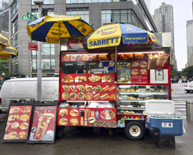 Food and drink cart on city street, New York City