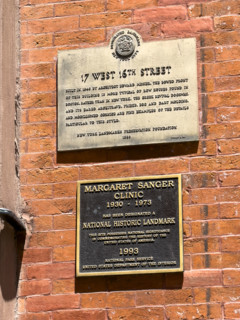 Building exterior with plaque designating it as a National Historic Landmark for its Greek Revival architecture and as the former site of the Margaret Sanger Clinic, 17 West 16th Street, Manhattan, Ne...