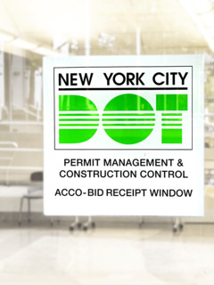 Department of Transportation office receipt window, NYC DOT sign on window, Manhattan, New York City