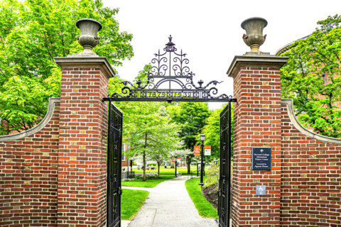 Gray Gate with directions to Harvard College Admissions Visitor Center through Radcliffe Yard, Harvard University, Garden Street, Cambridge