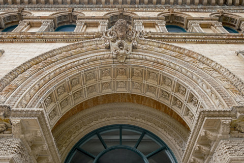 Market Arcade building, ornate exterior detail, low angle view, Buffalo, New York, USA