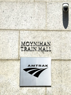Moynihan Train Hall, James A. Farley Building, building exterior detail of Amtrak sign, Eight
