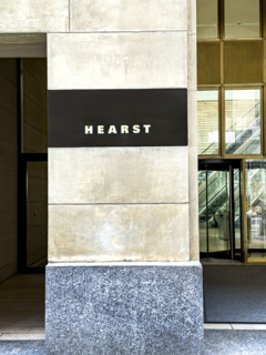 Hearst Tower, building exterior detail with company name on façade, 959 Eighth Avenue, Manhattan,