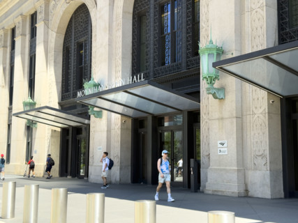 Moynihan Train Hall, James A. Farley Building, building exterior detail, Eight Avenue, Manhattan,