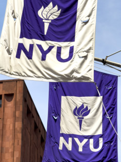 Two NYU banners, New York University, Greenwich Village, Manhattan, New York City, New York, USA