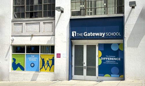 The Gateway School, exterior building entrance detail, 211 West 61st Street, Manhattan, New York