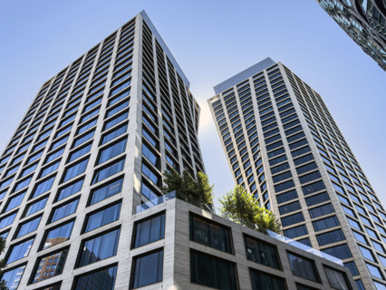 One High Line, pair of residential condominium buildings, building exterior, low angle view, 500