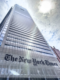 The New York Times Building against dramatic sky, low angle view, 620 Eighth Avenue, Manhattan, New