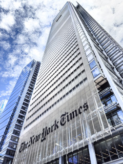 The New York Times Building against cloudy sky, low angle view, 620 Eighth Avenue, Manhattan, New