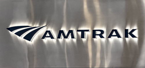 Amtrak sign detail, Moynihan Train Hall, Pennsylvania Station, Manhattan, New York City, New York,