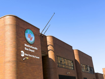 MTA/NYCT Manhattanville Bus Depot, building exterior, 601 West 133rd Street, Manhattan, New York
