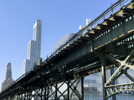 Cityscape including 34-story residential tower and elevated subway, Columbia University,