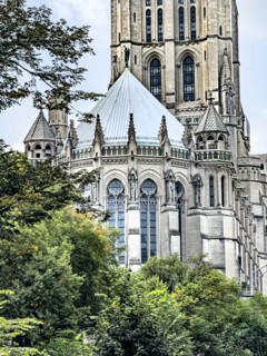 Riverside Church, building exterior detail, ambulatory and tower, Morningside Heights, Manhattan,