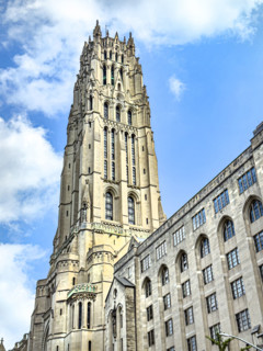 Riverside Church, building exterior detail, low angle view of tower, Morningside Heights,