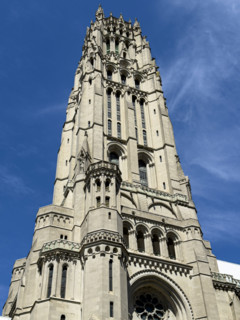 Riverside Church, exterior detail of tower against blue sky, Morningside Heights, Manhattan, New