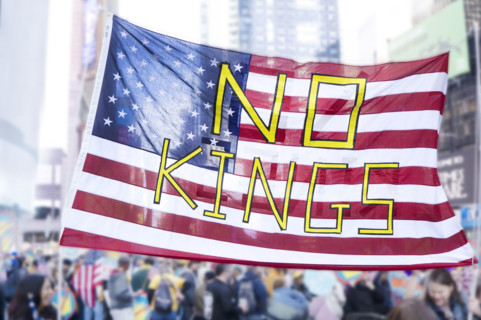 Demonstrators participating in "No Kings" Protest March, Times Square, Manhattan, New York City,