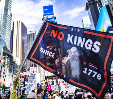 Demonstrators participating in "No Kings" Protest March, Times Square, Manhattan, New York City,