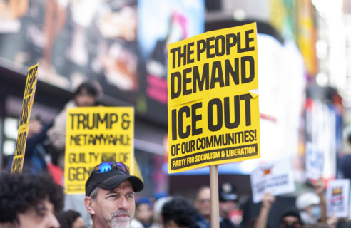 Demonstrators participating in "No Kings" Protest March, Times Square, Manhattan, New York City,
