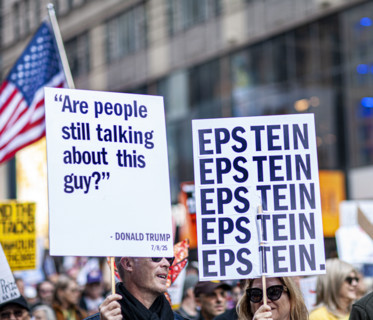 Demonstrators participating in "No Kings" Protest March, Times Square, Manhattan, New York City,