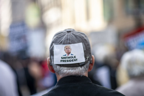 Demonstrators participating in "No Kings" Protest March, Times Square, Manhattan, New York City,
