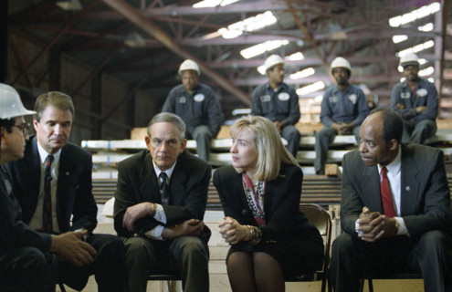 U.S. First Lady Hilary Clinton participating in health care costs discussion with Glazer Steel