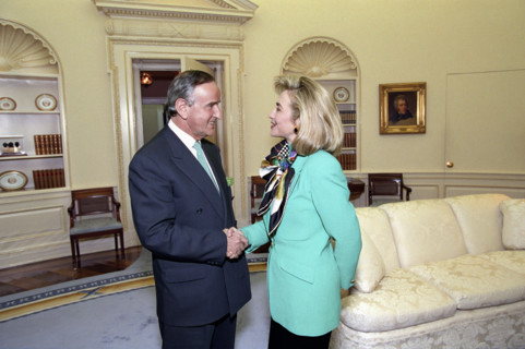 U.S. First Lady Hillary Clinton shaking hands with Irish Prime Minister Albert Reynolds during