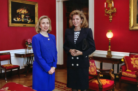 U.S. First Lady with Queen Noor of Jordan, White House, Washington, D.C., USA, Barbara Kinney,