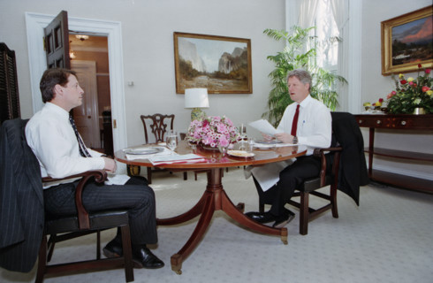 U.S. President Bill Clinton and U.S. Vice President Al Gore participating in their first "working"