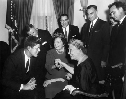 U.S. President John F. Kennedy meeting with Helen Keller (seated right), as her personal secretary