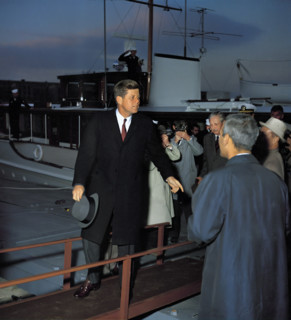 U.S. President John F. Kennedy walking away from Presidential yacht "Honey Fitz" following
