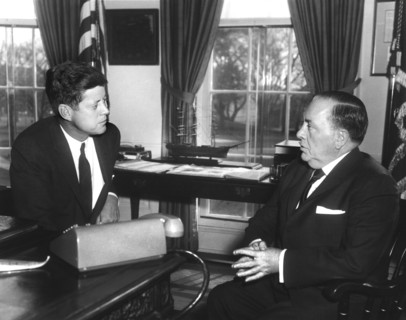 U.S. President John F. Kennedy meeting with Mayor Richard J. Daley of Chicago in the Oval Office of