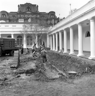 Group of unidentified workers dig into section of the lawn at the Rose Garden construction site