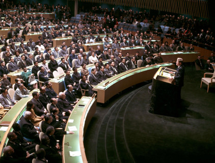 U.S. President John F. Kennedy addressing the delegates of  the General Assembly of the United