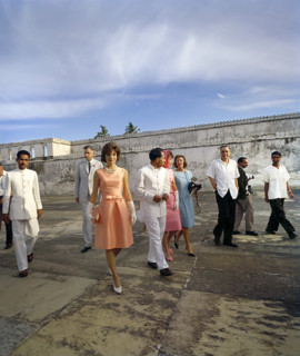 U.S. First Lady Jacqueline Kennedy, U.S. Ambassador to India John Kenneth Galbraith (background),