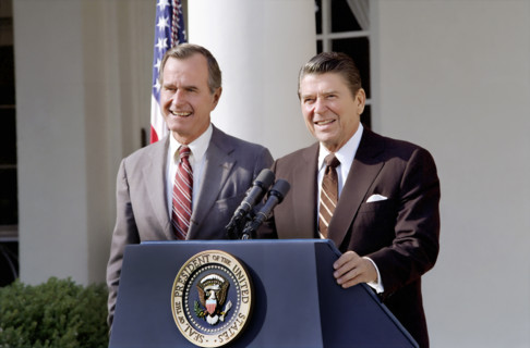 U.S. President Ronald Reagan and U.S. Vice President George H.W. Bush speaking to the press in the