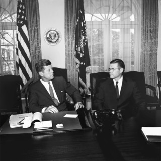 U.S. President John F. Kennedy meeting with U.S. Secretary of Defense Robert S. McNamara in the