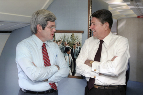 U.S. President Ronald Reagan Talking with U.S. Congressman Newt Gingrich during trip Atlanta,