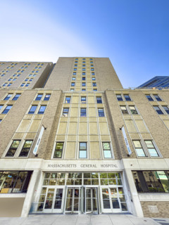 Massachusetts General Hospital, building exterior detail, low angle view, 55 Fruit Street, Boston,