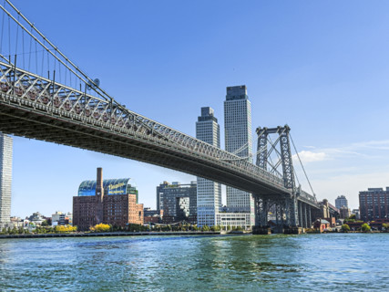 View of Williamsburg Bridge, East River and Williamsburg cityscape, Brooklyn, New York City, New