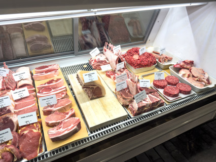 Raw meat display case, Dickson's Farmstand Meats, Chelsea Market, Chelsea, Manhattan, New York