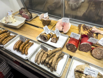 Cured meats display case, Dickson's Farmstand Meats, Chelsea Market, Chelsea, Manhattan, New York