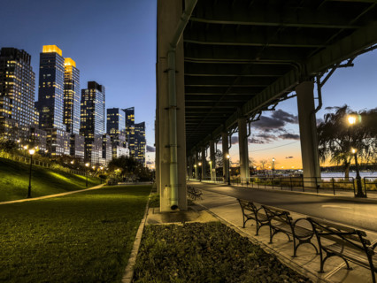 Pedestrian and bicycle paths underneath West Side Highway at night, Riverside Park South, Upper