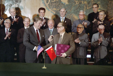 U.S. President Ronald Reagan and Chinese Premier Zhao Ziyang at signing ceremony for four U.S