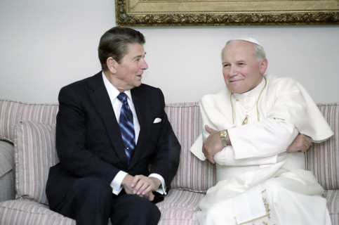 U.S. President Ronald Reagan meeting with Pope John Paul II, at Fairbanks Airport, Alaska, USA,